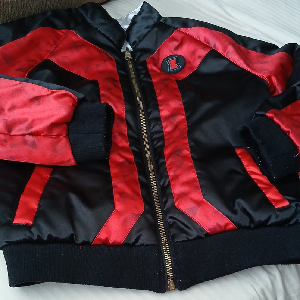 Disney Store Marvel Black Widow Girls Reversable Satin Bomber Jacket